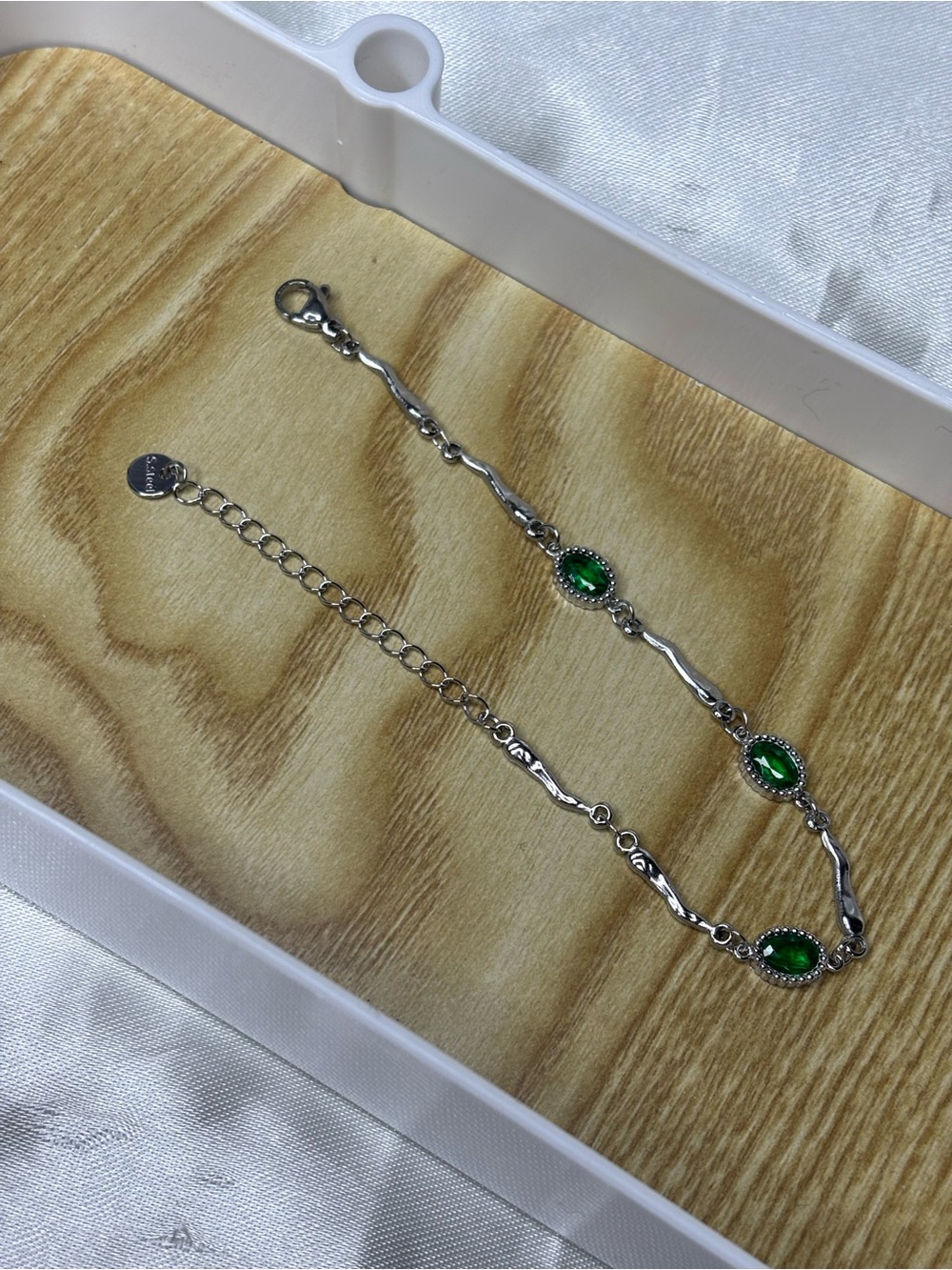 Stainless Steel Silver Bracelet with Green rhinestone Accents